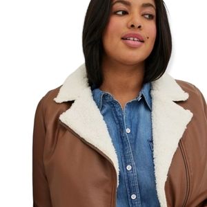 NWT Torrid Cognac Faux Leather Sherpa Lined Moto Jacket Size 1